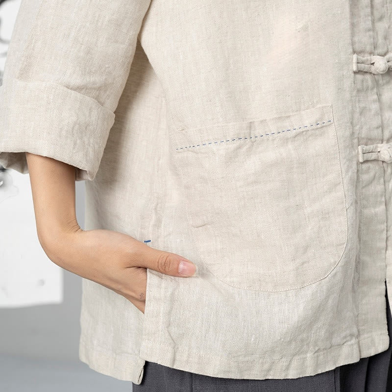 Buddha Stones Jednokolorowe Żabki Guziki Długie Rękawy Lniane Koszule Damskie Z Kieszeniami - image 15