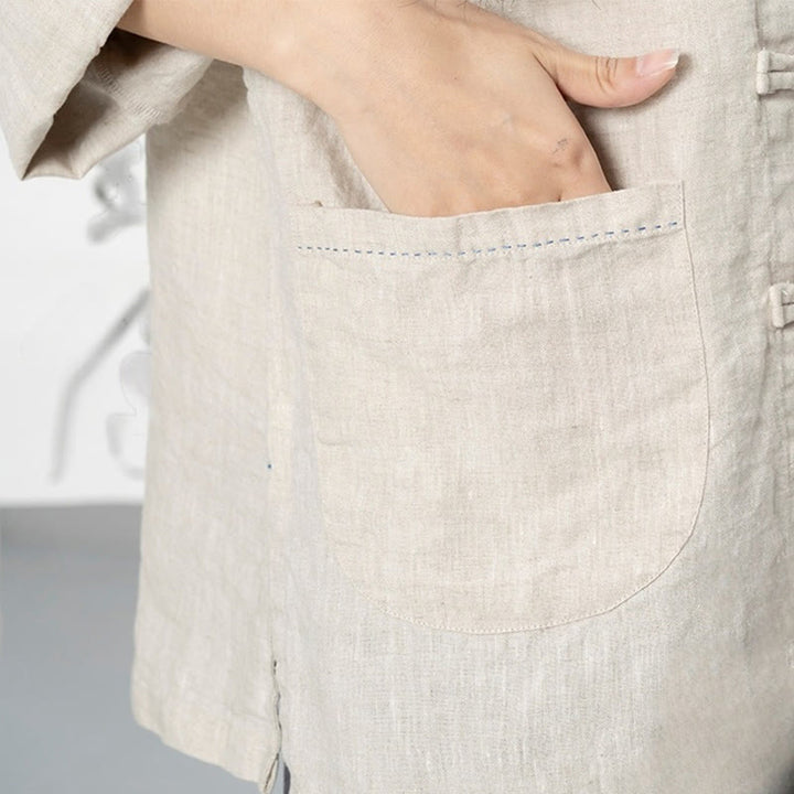 Buddha Stones Jednokolorowe Żabki Guziki Długie Rękawy Lniane Koszule Damskie Z Kieszeniami - image 18