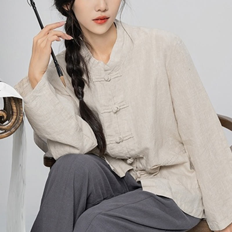 Buddha Stones Jednokolorowe Żabki Guziki Długie Rękawy Lniane Koszule Damskie Z Kieszeniami - image 19