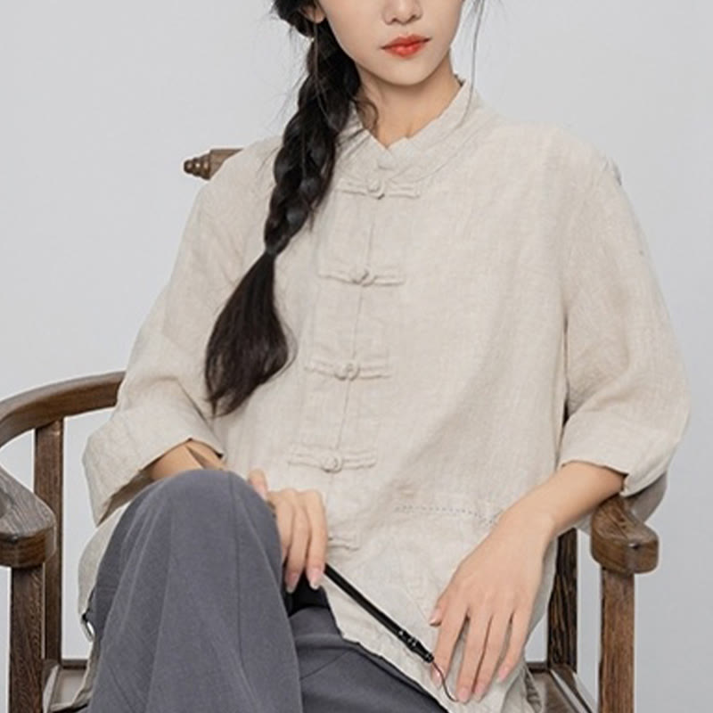 Buddha Stones Jednokolorowe Żabki Guziki Długie Rękawy Lniane Koszule Damskie Z Kieszeniami - image 16