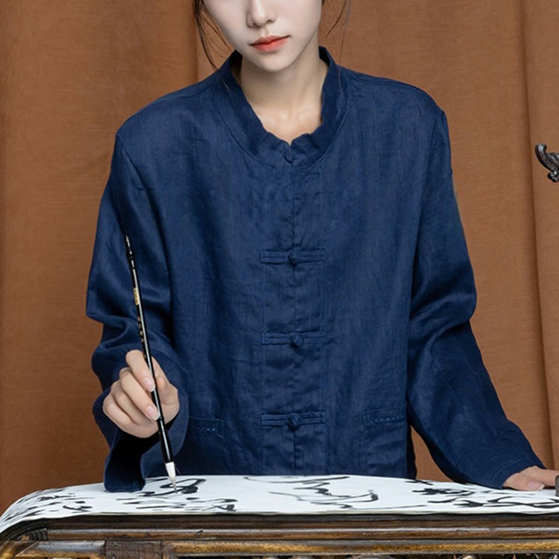 Buddha Stones Jednokolorowe Żabki Guziki Długie Rękawy Lniane Koszule Damskie Z Kieszeniami - DarkSlateBlue - US4, UK/AU8, EU36 (L) - image 29