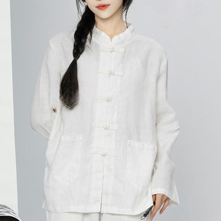 Buddha Stones Jednokolorowe Żabki Guziki Długie Rękawy Lniane Koszule Damskie Z Kieszeniami - image 23