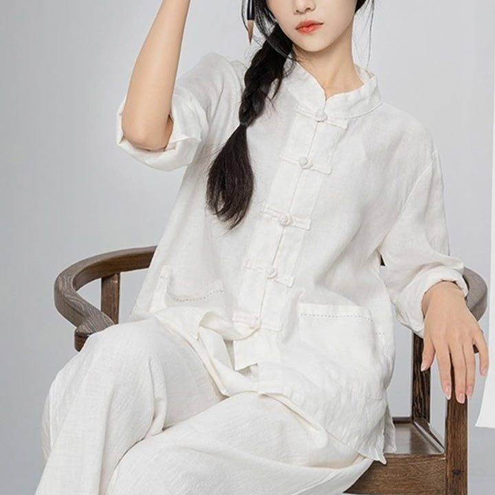 Buddha Stones Jednokolorowe Żabki Guziki Długie Rękawy Lniane Koszule Damskie Z Kieszeniami - image 25