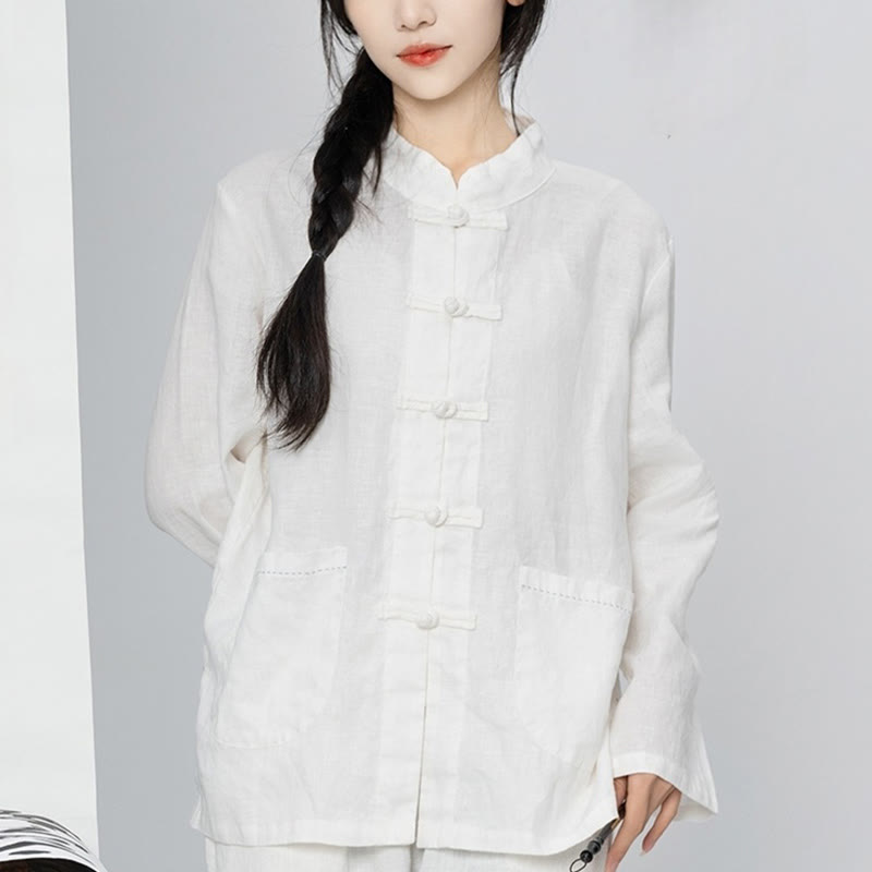 Buddha Stones Jednokolorowe Żabki Guziki Długie Rękawy Lniane Koszule Damskie Z Kieszeniami - Biały - US4, UK/AU8, EU36 (L) - image 21