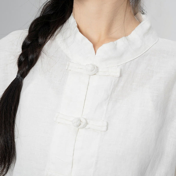 Buddha Stones Jednokolorowe Żabki Guziki Długie Rękawy Lniane Koszule Damskie Z Kieszeniami - image 24