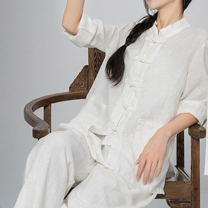 Buddha Stones Jednokolorowe Żabki Guziki Długie Rękawy Lniane Koszule Damskie Z Kieszeniami - image 22