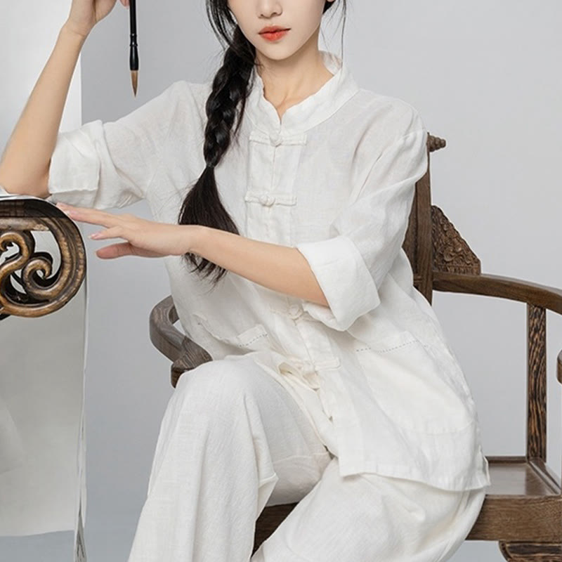 Buddha Stones Jednokolorowe Żabki Guziki Długie Rękawy Lniane Koszule Damskie Z Kieszeniami - image 26