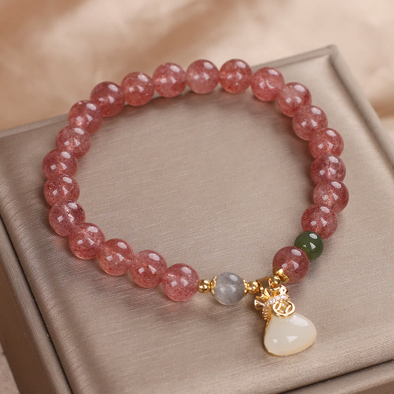 Buddha Stones Naturalny Kwarc Truskawkowy Woreczek Pieniędzy Bransoletka Pozytywna