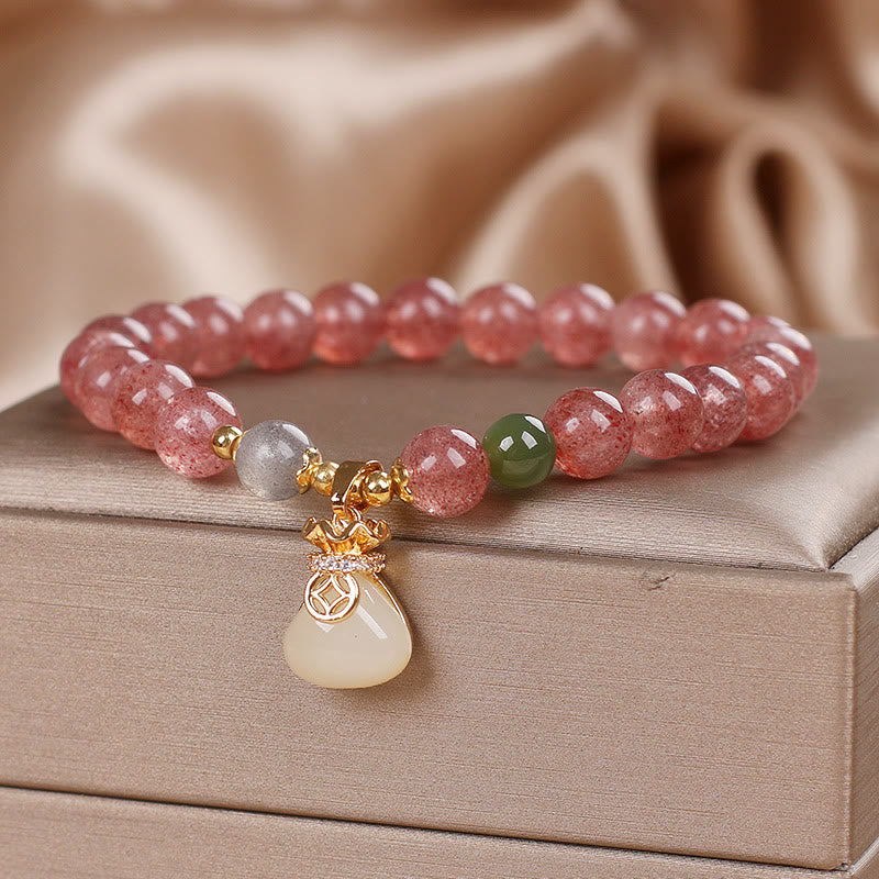 Buddha Stones Naturalny Kwarc Truskawkowy Woreczek Pieniędzy Bransoletka Pozytywna