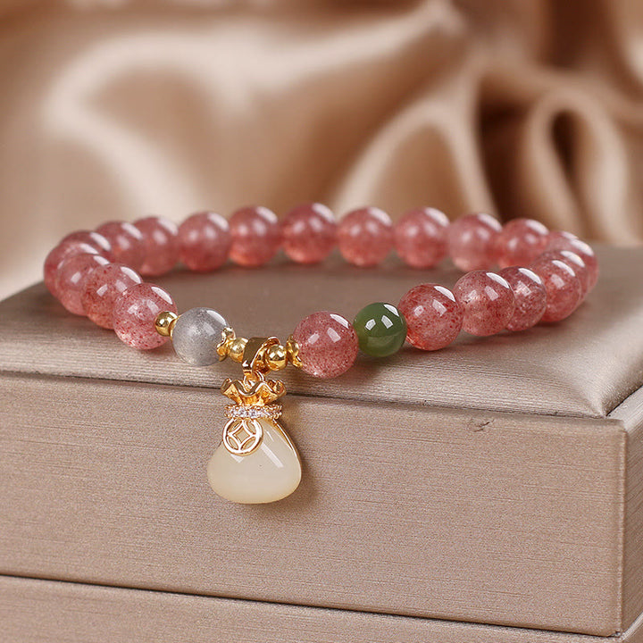Buddha Stones Naturalny Kwarc Truskawkowy Woreczek Pieniędzy Bransoletka Pozytywna