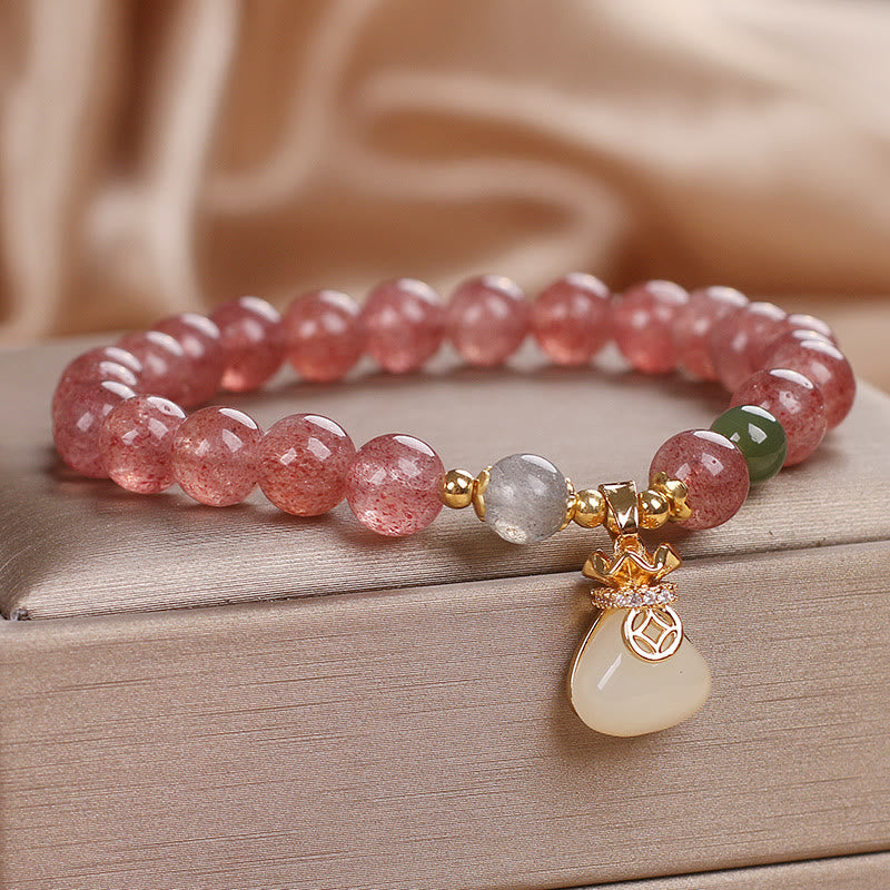Buddha Stones Naturalny Kwarc Truskawkowy Woreczek Pieniędzy Bransoletka Pozytywna