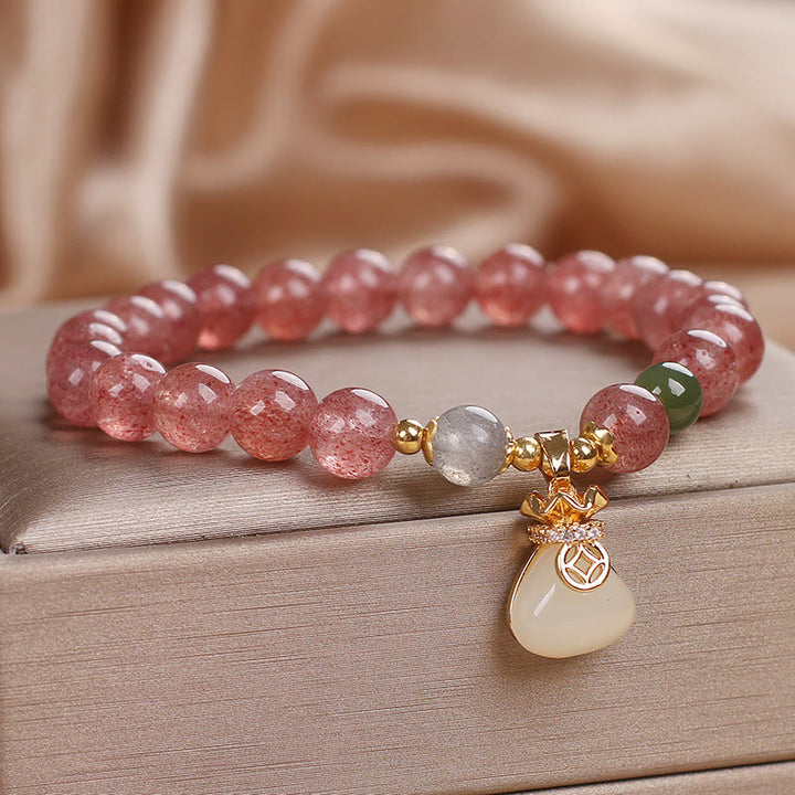 Buddha Stones Naturalny Kwarc Truskawkowy Woreczek Pieniędzy Bransoletka Pozytywna