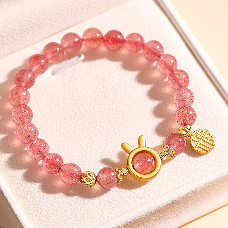 Buddha Stones Naturalny Kwarc Truskawkowy Królik Fu Charakter Charm Bransoletka Miłosna