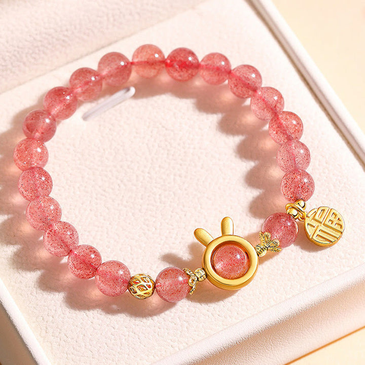 Buddha Stones Naturalny Kwarc Truskawkowy Królik Fu Charakter Charm Bransoletka Miłosna