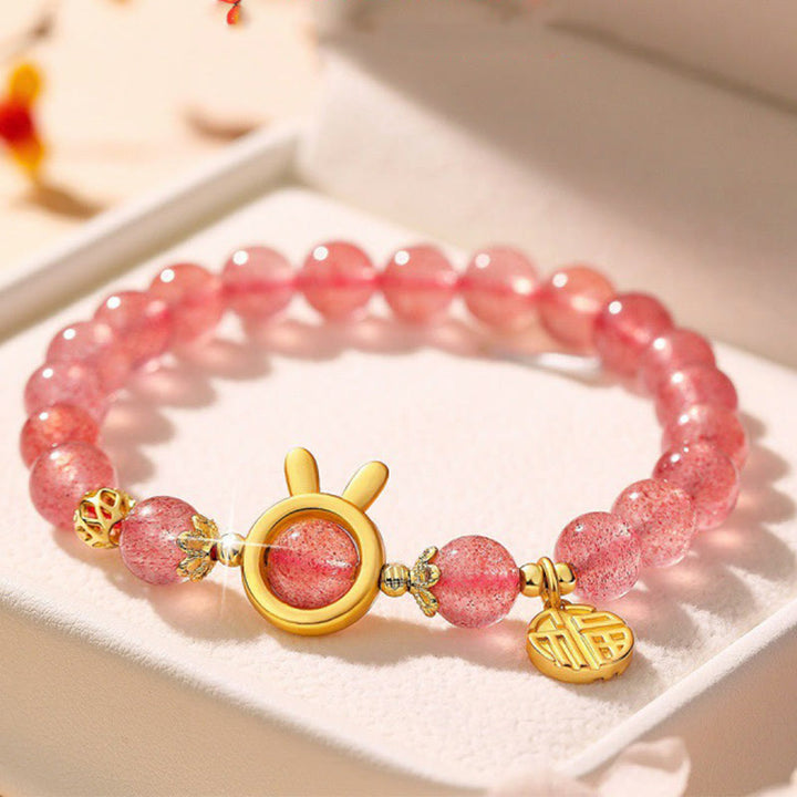 Buddha Stones Naturalny Kwarc Truskawkowy Królik Fu Charakter Charm Bransoletka Miłosna
