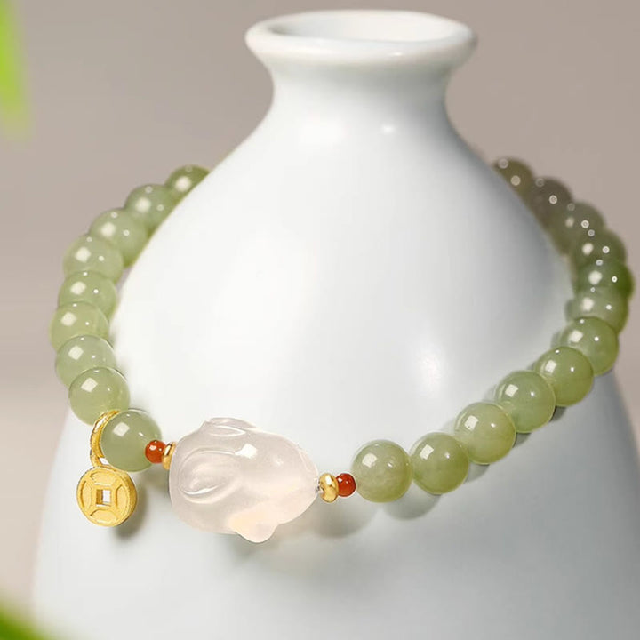Buddha Stones Naturalny Hetian Jade Agat Królik Miedź Moneta Bransoletka Szczęścia
