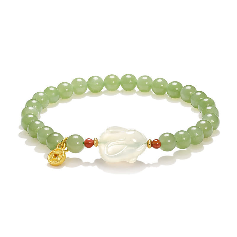 Buddha Stones Naturalny Hetian Jade Agat Królik Miedź Moneta Bransoletka Szczęścia