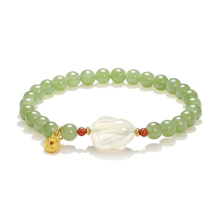 Buddha Stones Naturalny Hetian Jade Agat Królik Miedź Moneta Bransoletka Szczęścia