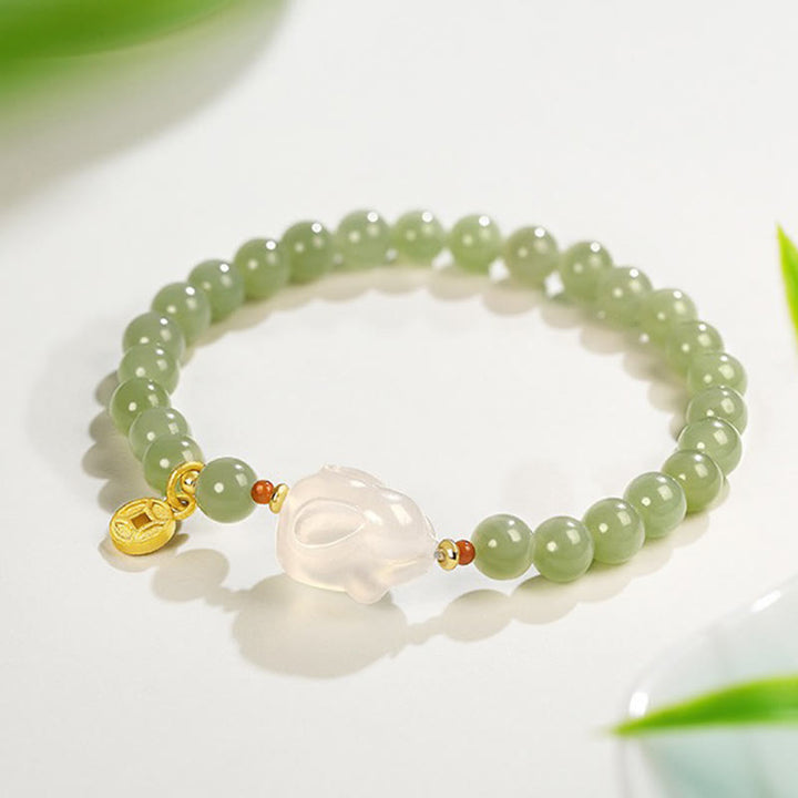 Buddha Stones Naturalny Hetian Jade Agat Królik Miedź Moneta Bransoletka Szczęścia