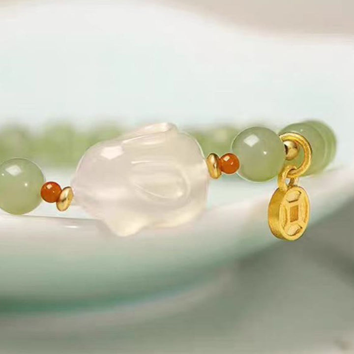 Buddha Stones Naturalny Hetian Jade Agat Królik Miedź Moneta Bransoletka Szczęścia
