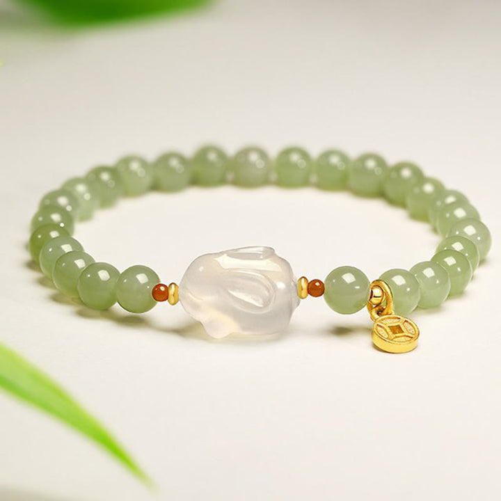 Buddha Stones Naturalny Hetian Jade Agat Królik Miedź Moneta Bransoletka Szczęścia
