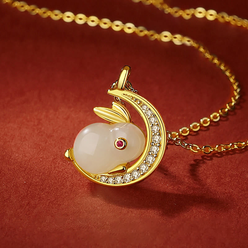 Buddha Stones 925 Srebro Sterlingowe Hetian Biały Jadeit Królik Półksiężyc Szczęście Naszyjnik Wisiorek - image 1