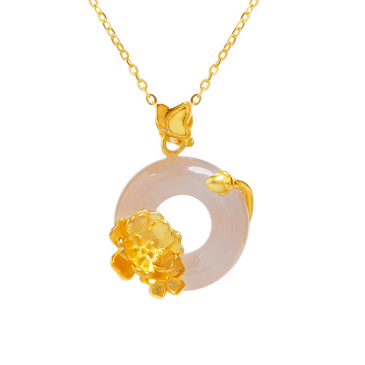 Buddha Stones Naturalne 925 Srebro Sterlingowe Biały Chalcedon Klamra Pokoju Brzoskwiniowy Kwiat Motyl Pozytywny Naszyjnik Wisiorek