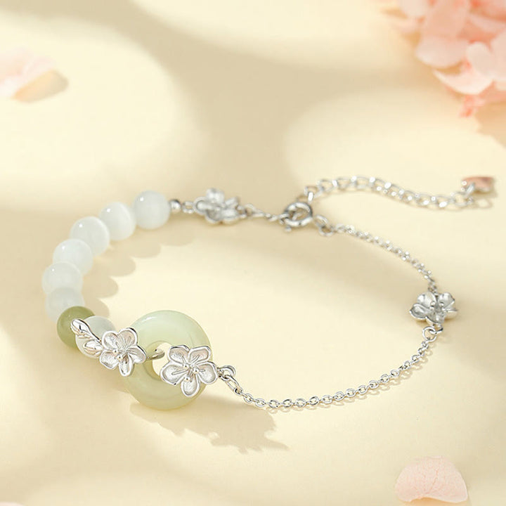 Buddha Stones 999 Srebro Sterling Naturalny Hetian Jade Peace Buckle Bransoletka Peach Blossom Luck - Srebrny (obwód nadgarstka 14-20 cm) - image 11