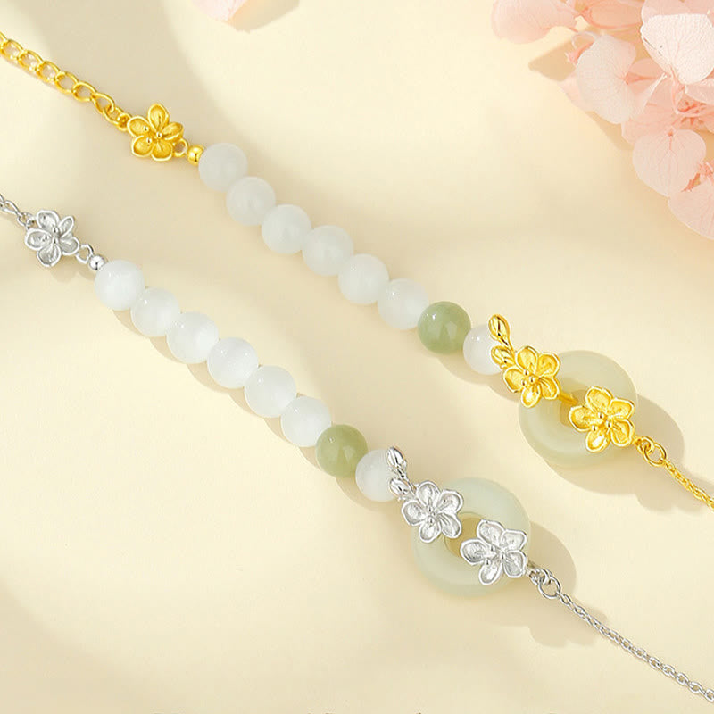 Buddha Stones 999 Srebro Sterling Naturalny Hetian Jade Peace Buckle Bransoletka Peach Blossom Luck - image 1
