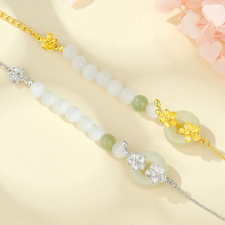 Buddha Stones 999 Srebro Sterling Naturalny Hetian Jade Peace Buckle Bransoletka Peach Blossom Luck - image 1