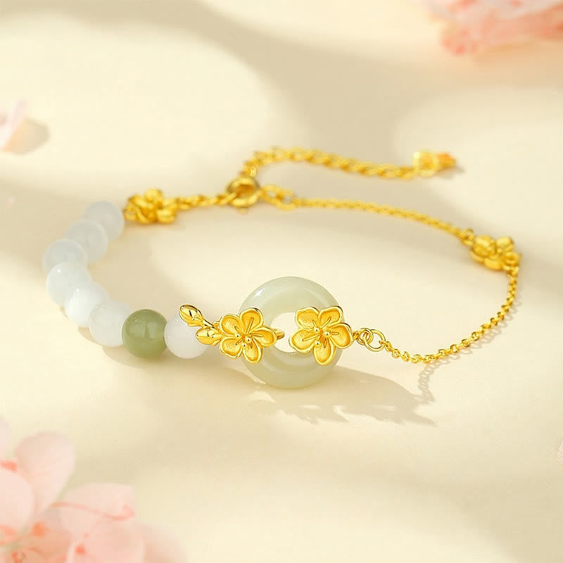 Buddha Stones 999 Srebro Sterling Naturalny Hetian Jade Peace Buckle Bransoletka Peach Blossom Luck - Złoto (obwód nadgarstka 14-20 cm) - image 0