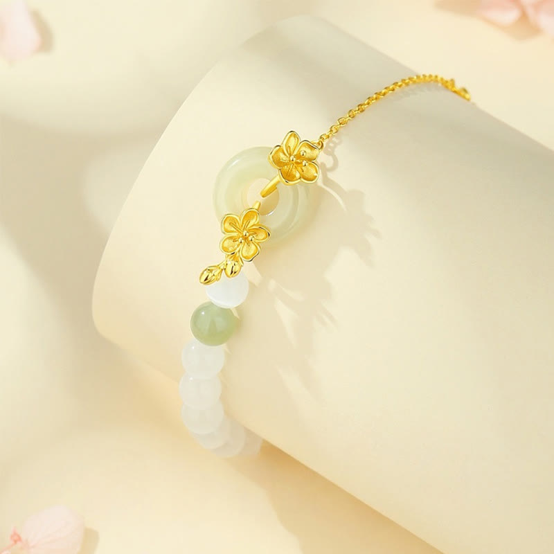 Buddha Stones 999 Srebro Sterling Naturalny Hetian Jade Peace Buckle Bransoletka Peach Blossom Luck - image 2