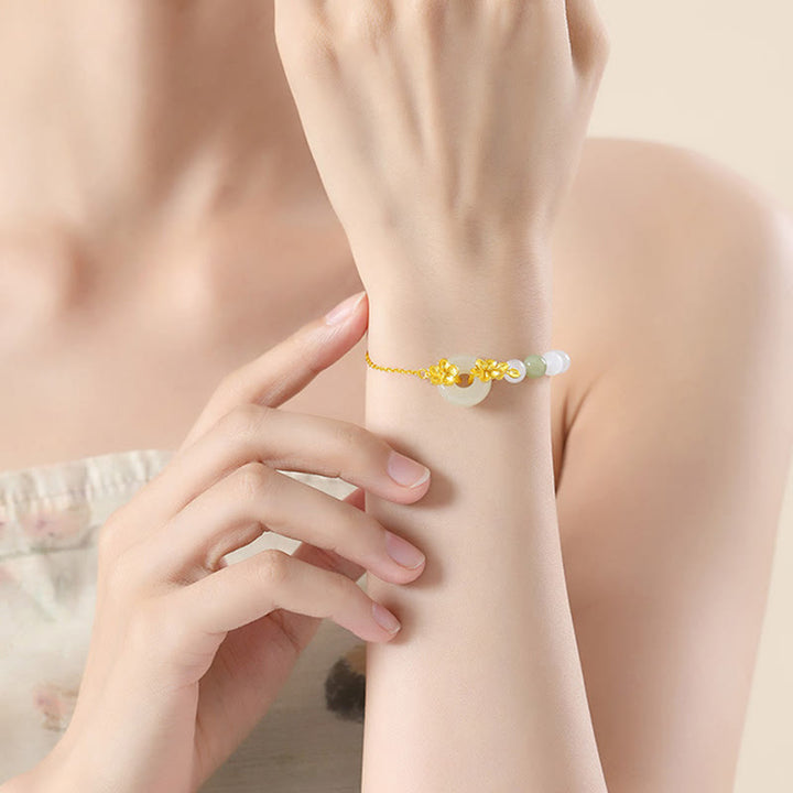 Buddha Stones 999 Srebro Sterling Naturalny Hetian Jade Peace Buckle Bransoletka Peach Blossom Luck - image 3