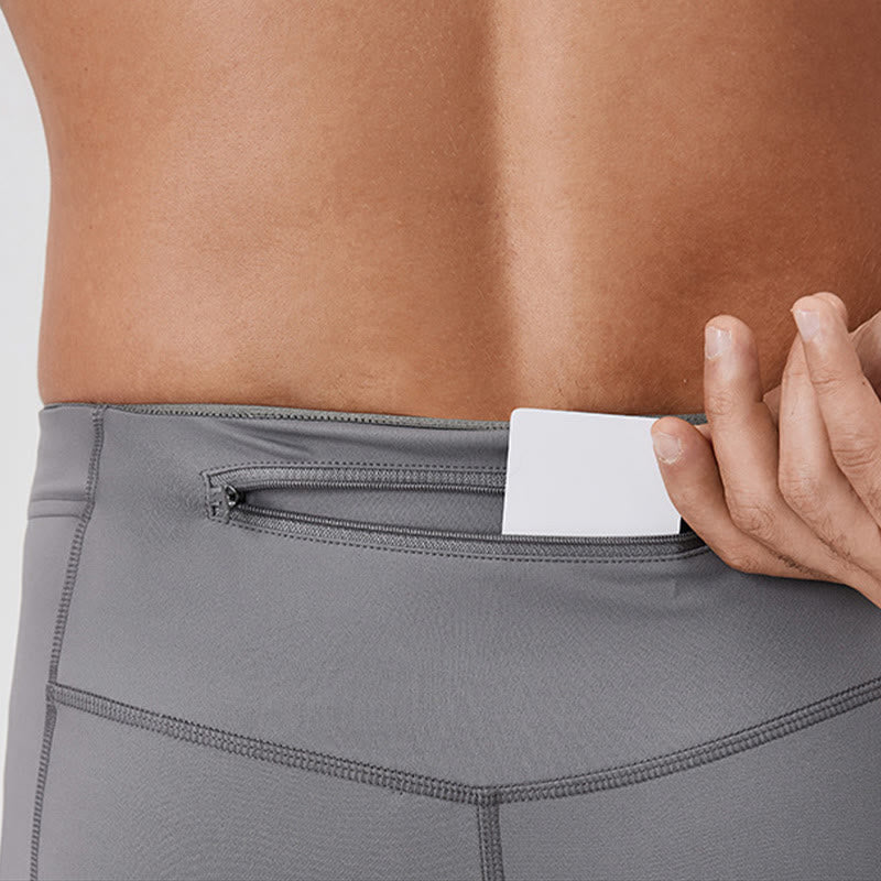 Buddha Stones Jednokolorowe Wysokie Spodnie Elastyczne Oddychające Sportowe Męskie Legginsy Z Tylną Kieszenią Na Zamek Błyskawiczny - image 9