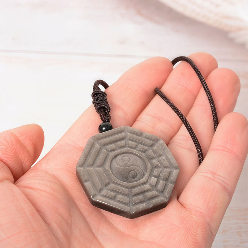 Buddha Stones Srebrny połysk Obsydian Bagua Yin Yang Symbol Ochrona Naszyjnik Wisiorek - image 8