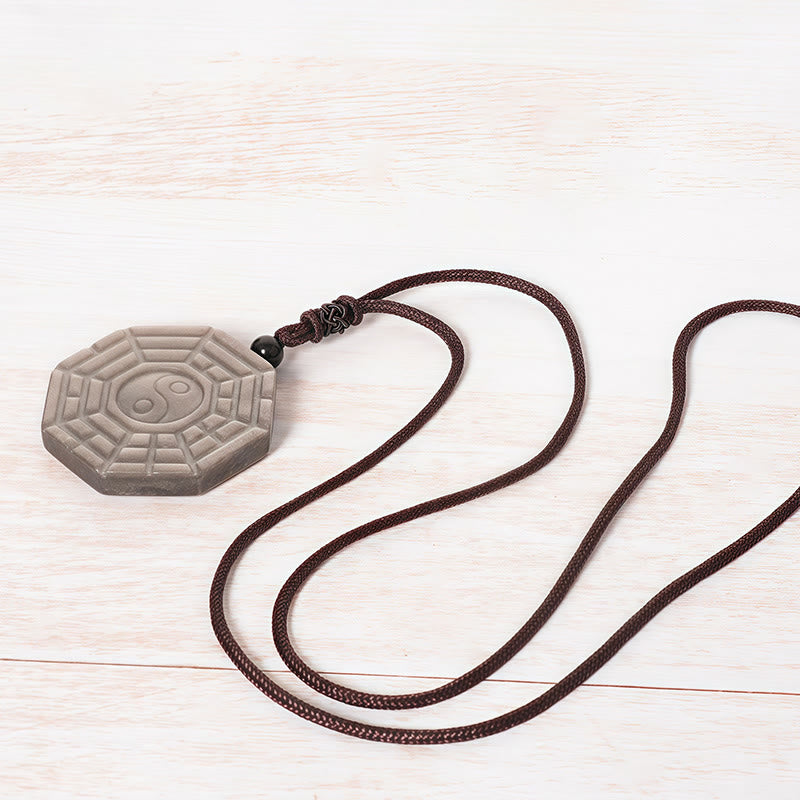 Buddha Stones Srebrny połysk Obsydian Bagua Yin Yang Symbol Ochrona Naszyjnik Wisiorek - image 4