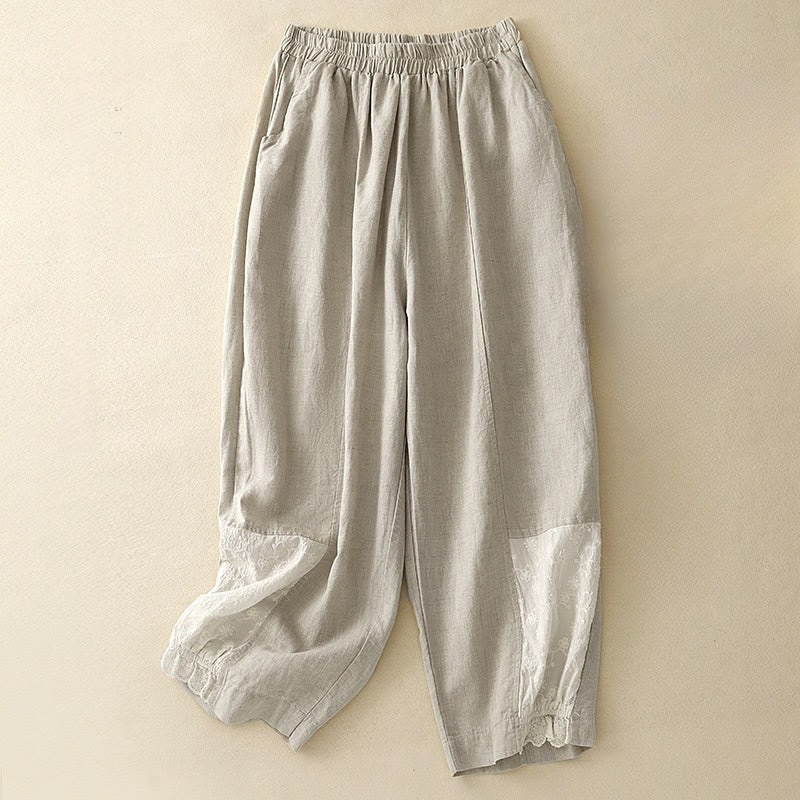 Buddha Stones Casual Haft Patchwork Tkanina 7-8 Długość Skrócone Spodnie Damskie Bawełniane Spodnie Harem Z Kieszeniami - Beżowy - US8-10，UK/AU12-14，EU40-42 (2XL) - image 5