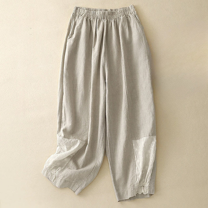 Buddha Stones Casual Haft Patchwork Tkanina 7-8 Długość Skrócone Spodnie Damskie Bawełniane Spodnie Harem Z Kieszeniami - Beżowy - US8-10，UK/AU12-14，EU40-42 (2XL) - image 5