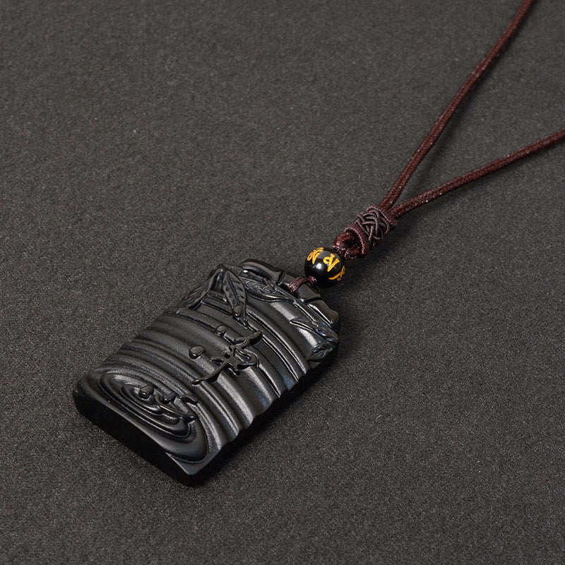 Naszyjnik z Buddha Stones Naturalny Czarny Obsydian Bambus Spełnienie Wisiorek