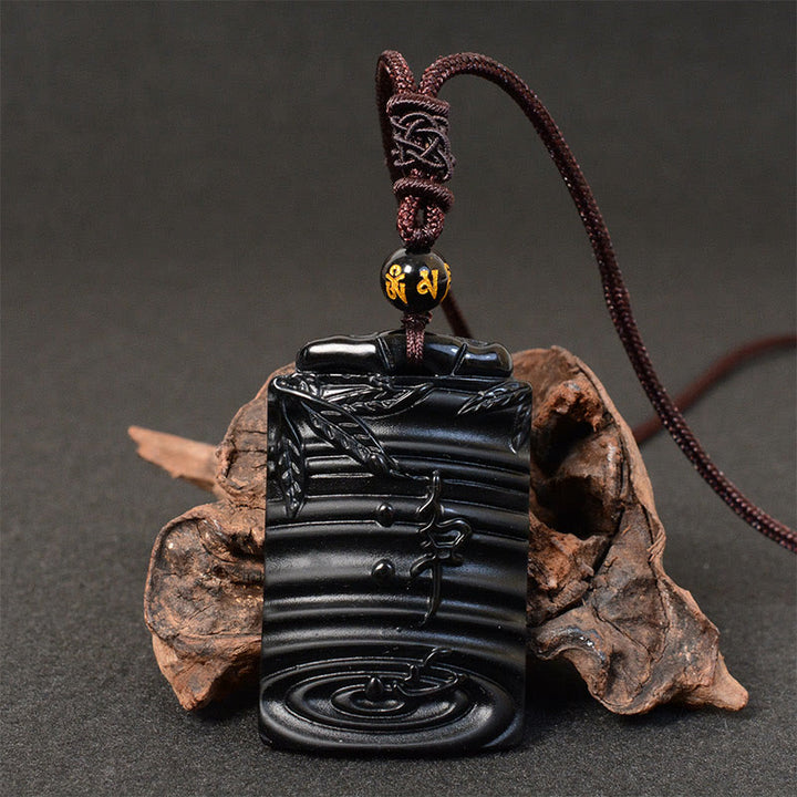 Naszyjnik z Buddha Stones Naturalny Czarny Obsydian Bambus Spełnienie Wisiorek