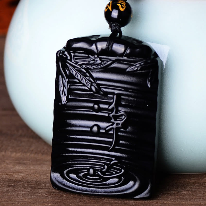 Naszyjnik z Buddha Stones Naturalny Czarny Obsydian Bambus Spełnienie Wisiorek