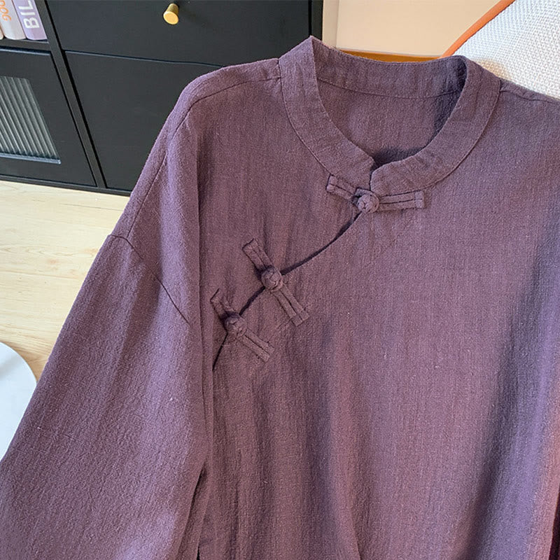 Koszula damska Buddha Stones Casual Plain Frog-Button Stand Collar Design Long Sleeve Cotton Linen - image 5