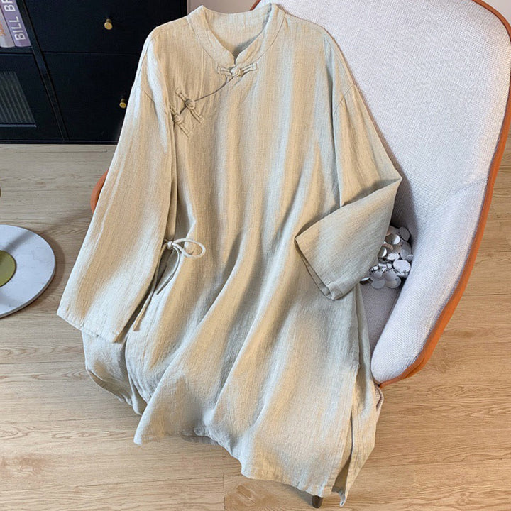 Koszula damska z długim rękawem i prostym kołnierzykiem ze stójką i guzikami w kształcie żaby "Buddha Stones" - Beżowy - US8-10，UK/AU12-14，EU40-42 (2XL) - image 10