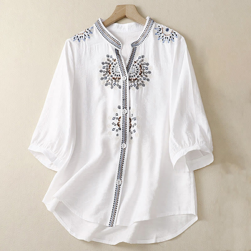 Koszula damska z dekoltem w serek i krótkim rękawem w stylu boho z haftowanymi kwiatami i Buddha Stones - Biały - US8-10，UK/AU12-14，EU40-42 (2XL) - image 0