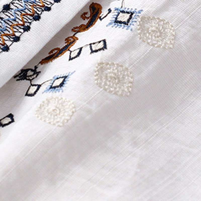 Koszula damska z krótkim rękawem i dekoltem w serek z haftowanymi kwiatami w stylu boho z motywem Buddha Stones - image 4