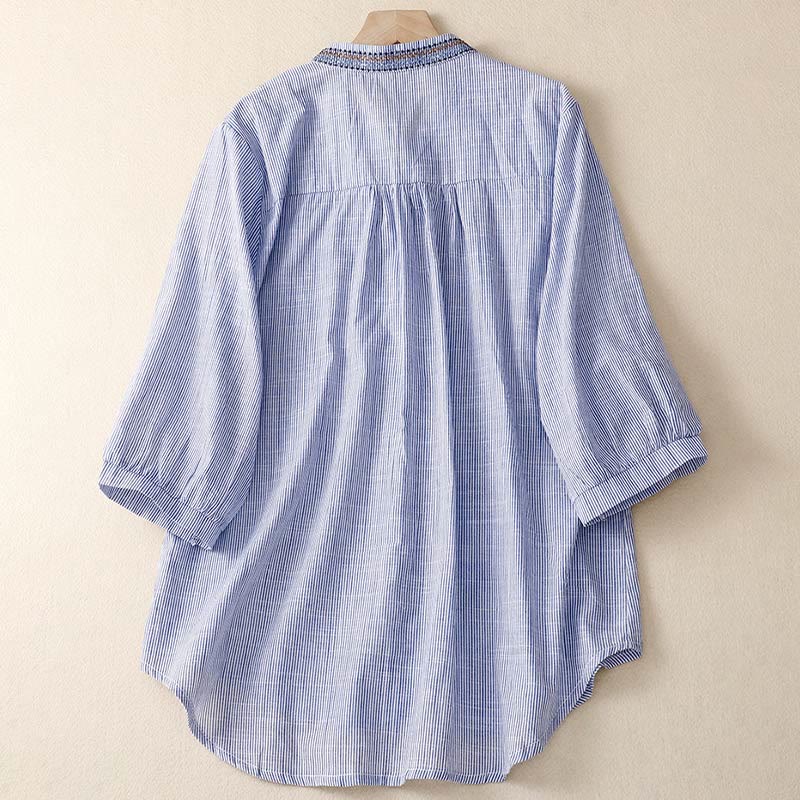 Koszula damska z krótkim rękawem i dekoltem w serek z haftowanymi kwiatami w stylu boho z motywem Buddha Stones - image 6