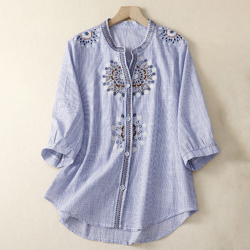 Koszula damska z dekoltem w serek i krótkim rękawem w stylu boho z haftowanymi kwiatami i Buddha Stones - Chaber niebieski - US8-10，UK/AU12-14，EU40-42 (2XL) - image 5