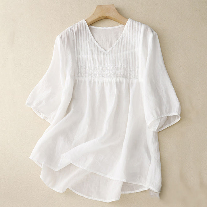 Koszula damska z krótkim rękawem i okrągłym dekoltem w serek Buddha Stones Casual Plain Loose Cotton - Biały - US12, UK/AU16, EU44 (2XL) - image 11