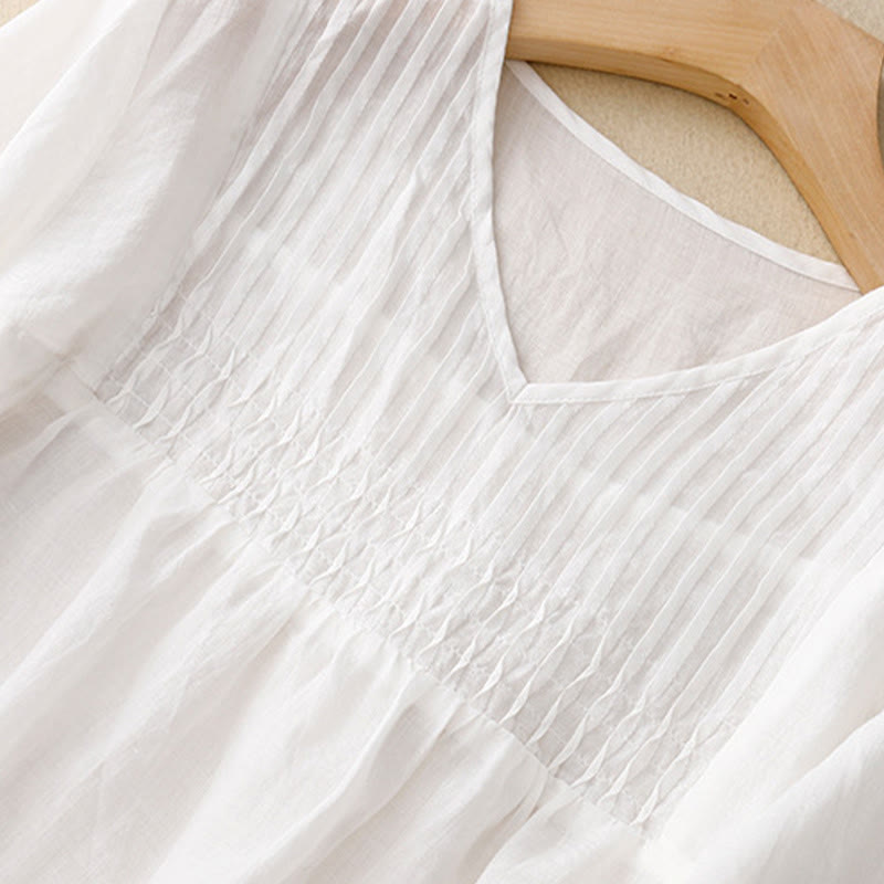 Koszula damska z krótkim rękawem i okrągłym dekoltem w serek Buddha Stones Casual Plain Loose Cotton - image 13