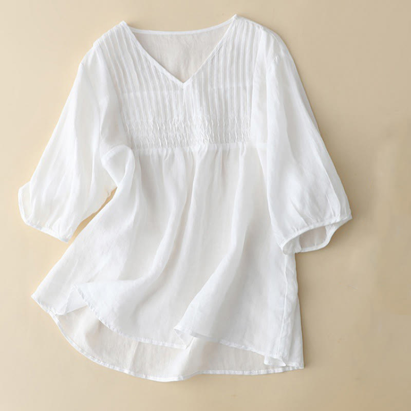 Koszula damska z krótkim rękawem i okrągłym dekoltem w serek Buddha Stones Casual Plain Loose Cotton - image 12